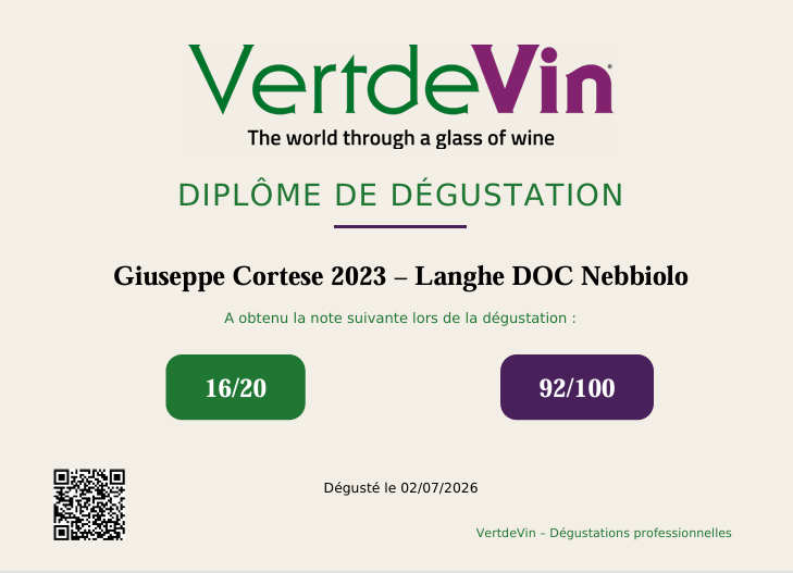 VertdeVin Auszeichnung für Giuseppe Cortese 2023 Langhe DOC Nebbiolo – 92 von 100 Punkten